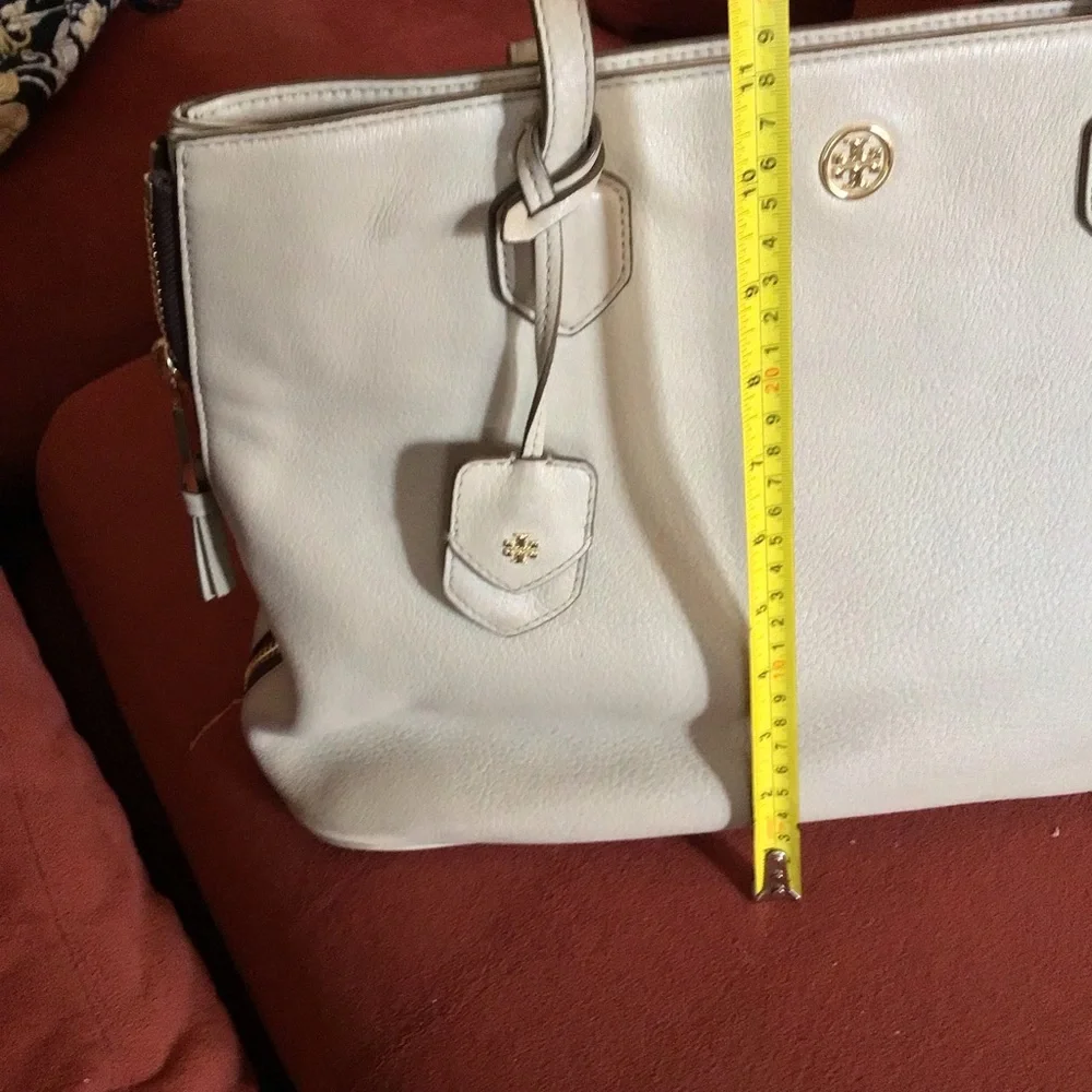 Tory Burch Cream Leather Double-Handle Tote with Logo Charm